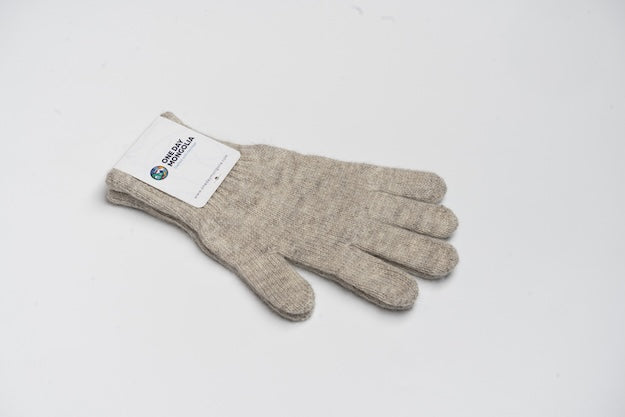 “Beige Mongolian wool blend gloves with ribbed cuffs, 100% sheep wool for natural warmth and breathable comfort”