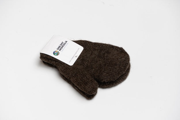 “Choco brown 100% Mongolian sheep wool kids mittens with soft knit texture, natural warmth and gentle comfort”