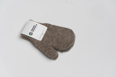 “Natural brown 100% Mongolian sheep wool kids mittens with soft knit texture, natural warmth and gentle comfort”