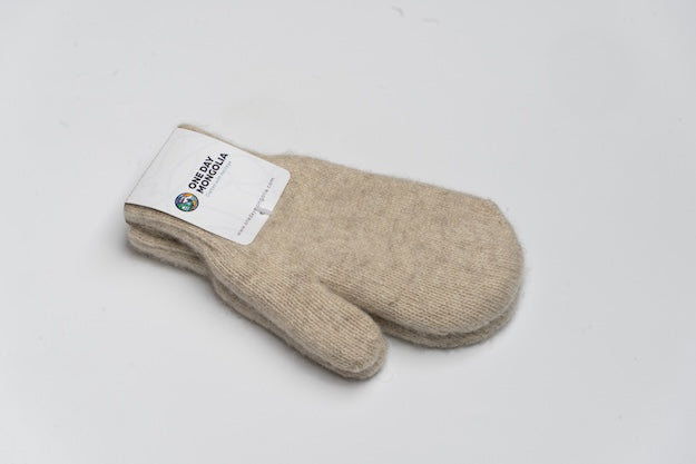 “Beige 100% Mongolian sheep wool mittens with soft knit texture, warm and breathable natural fiber gloves for adults”