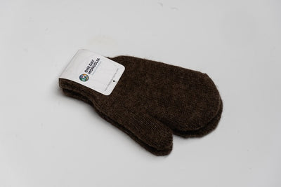“Chocolate brown 100% Mongolian sheep wool mittens with soft knit texture, warm and breathable natural fiber gloves for adults”