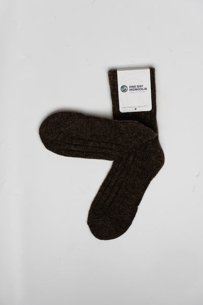 “Choco brown 100% Mongolian wool socks with ribbed knit texture, soft natural fibers for warmth and comfort”