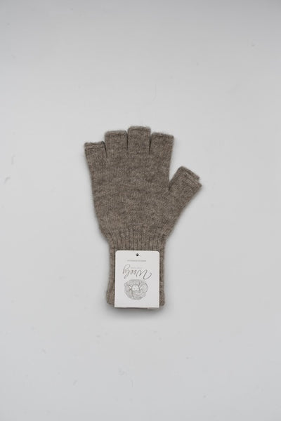 “Natural brown 100% Mongolian wool half gloves with ribbed knit texture, soft and breathable for warmth and finger flexibility”