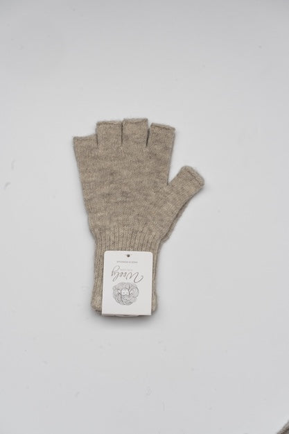 “Beige 100% Mongolian wool half gloves with ribbed knit texture, soft and breathable for warmth and finger flexibility”