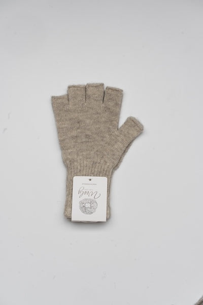 “Beige 100% Mongolian wool half gloves with ribbed knit texture, soft and breathable for warmth and finger flexibility”