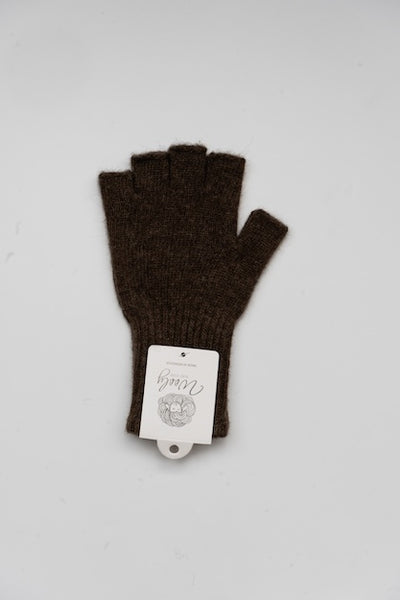 “Choco brown 100% Mongolian wool half gloves with ribbed knit texture, soft and breathable for warmth and finger flexibility”
