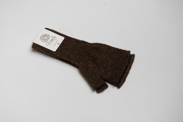 “Dark brown 100% Mongolian wool half mittens with ribbed knit texture, soft and breathable for warmth and finger flexibility”