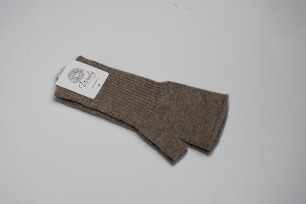“Natural brown 100% Mongolian wool half mittens with ribbed knit texture, soft and breathable for warmth and finger flexibility”