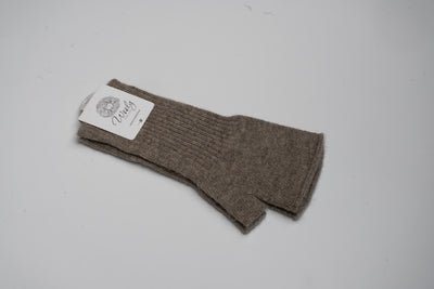 “Natural brown 100% Mongolian wool half mittens with ribbed knit texture, soft and breathable for warmth and finger flexibility”