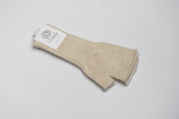 “Cream white 100% Mongolian wool half mittens with ribbed knit texture, soft and breathable for warmth and finger flexibility”