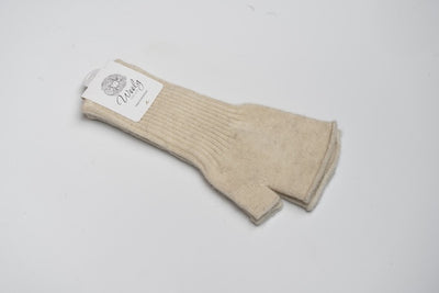 “Cream white 100% Mongolian wool half mittens with ribbed knit texture, soft and breathable for warmth and finger flexibility”