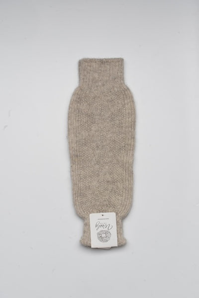 “beige 100% Mongolian sheep wool knee warmer with soft ribbed knit texture, natural warmth and comfort support accessory”