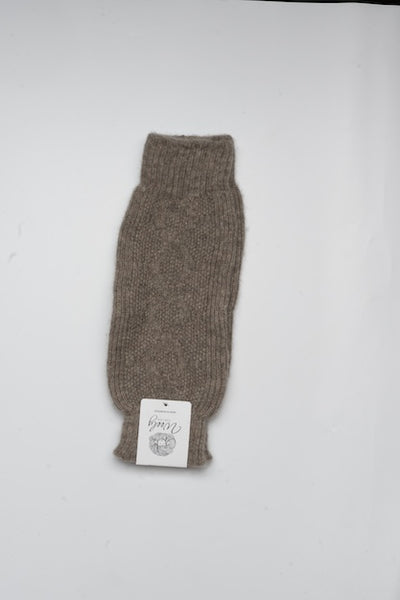“Natural brown 100% Mongolian sheep wool knee warmer with soft ribbed knit texture, natural warmth and comfort support accessory”