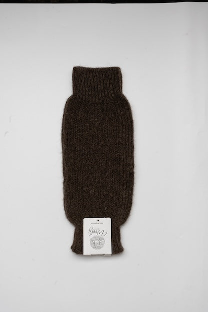 “Choco brown 100% Mongolian sheep wool knee warmer with soft ribbed knit texture, natural warmth and comfort support accessory”