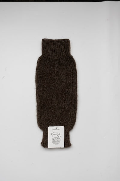 “Choco brown 100% Mongolian sheep wool knee warmer with soft ribbed knit texture, natural warmth and comfort support accessory”