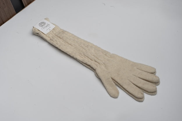 “Cream beige 100% Mongolian wool long gloves with ribbed knit design, soft and breathable natural warmth for elegant winter wear”