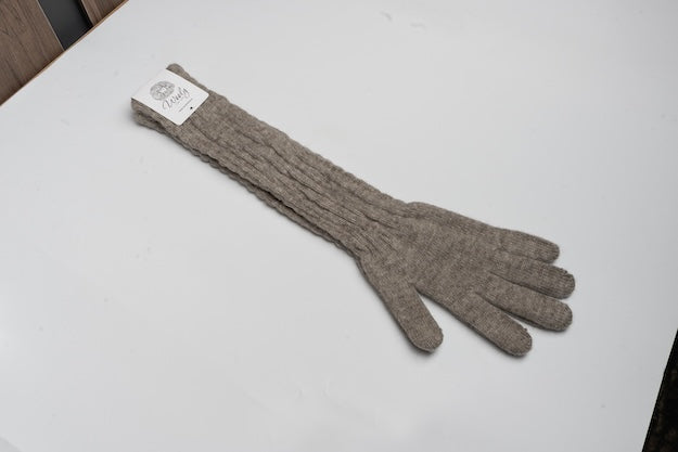 “Natural brown 100% Mongolian wool long gloves with ribbed knit design, soft and breathable natural warmth for elegant winter wear”