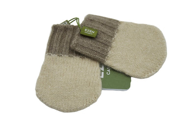 “Two-tone Mongolian cashmere baby mittens in beige and light brown, soft knit texture with gentle ribbed cuffs”