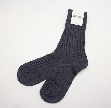 “Dark Gray Mongolian wool blend socks with ribbed knit texture, 60% wool for warmth and comfort”