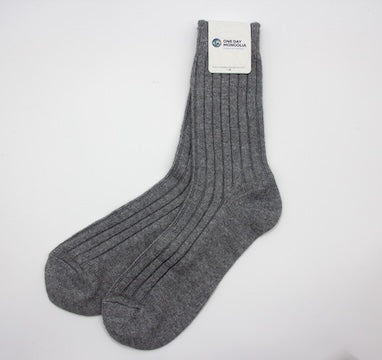 “Gray Mongolian wool blend socks with ribbed knit texture, 60% wool for warmth and comfort”