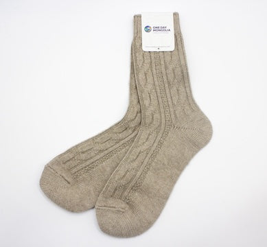 “Taupe  Mongolian wool blend socks with ribbed knit pattern, 60% wool for natural warmth and breathable comfort”