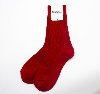 "Red Mongolian wool blend socks with ribbed knit pattern, 60% wool for natural warmth and breathable comfort”