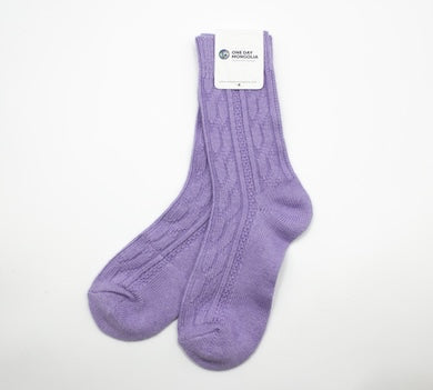 “Lavender Mongolian wool blend socks with ribbed knit pattern, 60% wool for natural warmth and breathable comfort”