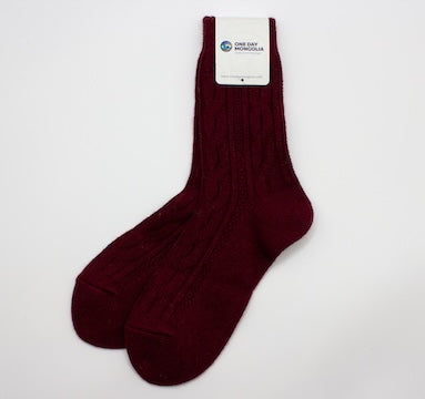 “Burgundy Mongolian wool blend socks with ribbed knit pattern, 60% wool for natural warmth and breathable comfort”