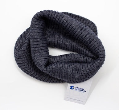 “Dark grey Mongolian wool blend neck warmer with ribbed knit texture, 60% wool for breathable natural warmth”