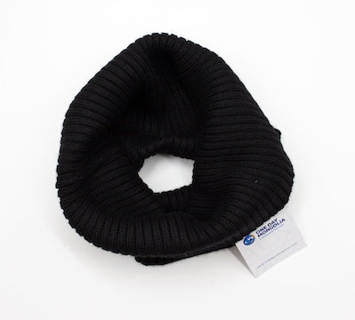 “Black Mongolian wool blend neck warmer with ribbed knit texture, 60% wool for breathable natural warmth”