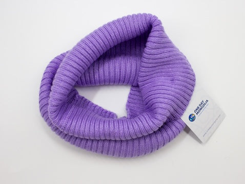 “Lavender Mongolian wool blend neck warmer with ribbed knit texture, 60% wool for breathable natural warmth”