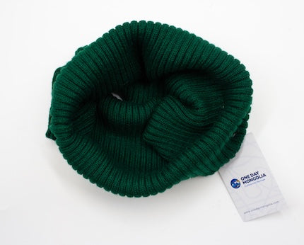 “Green Mongolian wool blend neck warmer with ribbed knit texture, 60% wool for breathable natural warmth”