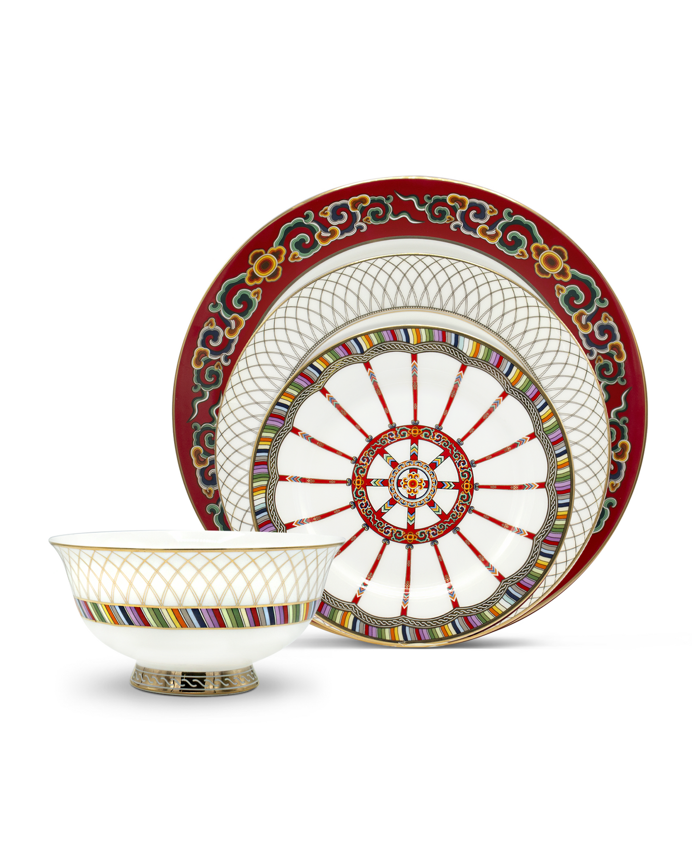It showcasing a bowl and a plate. The set for four is a canvas for the iconic 'toono' crown-ring roof, the 'uni' roof poles and the golden imagery of the iconic "khana" lattice wall, symbols of the traditional Mongolian ger.