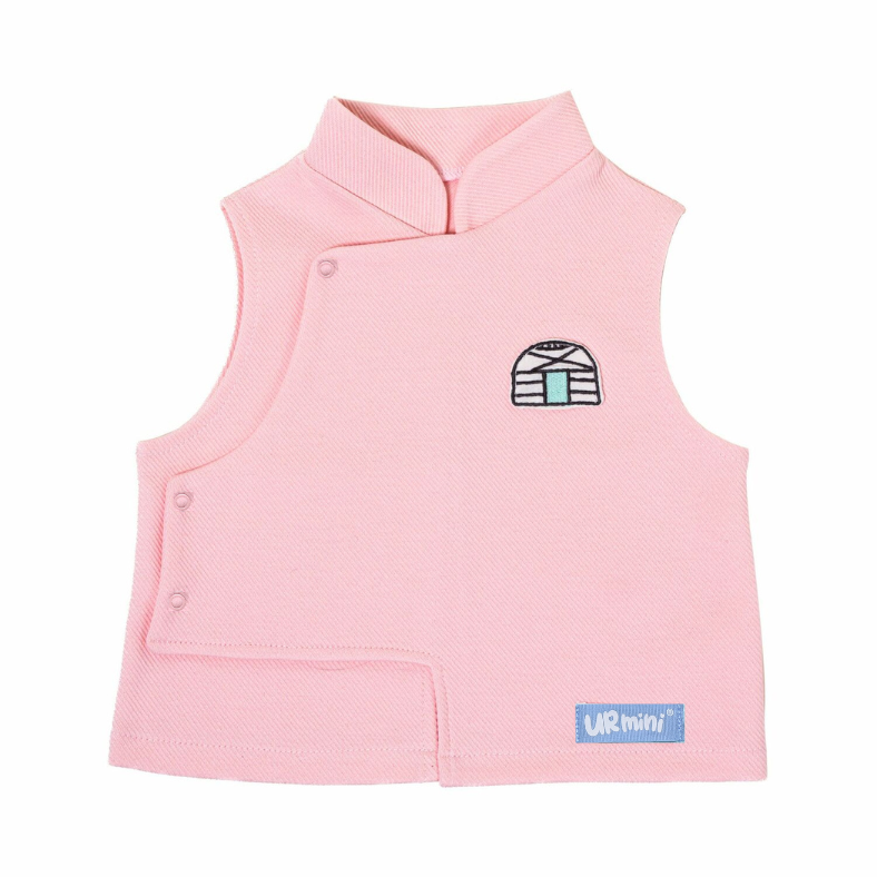 Pink baby and toddler vest with a traditional yurt embroidery design, featuring a snap-button closure, suitable for ages 0 months to 5 years.