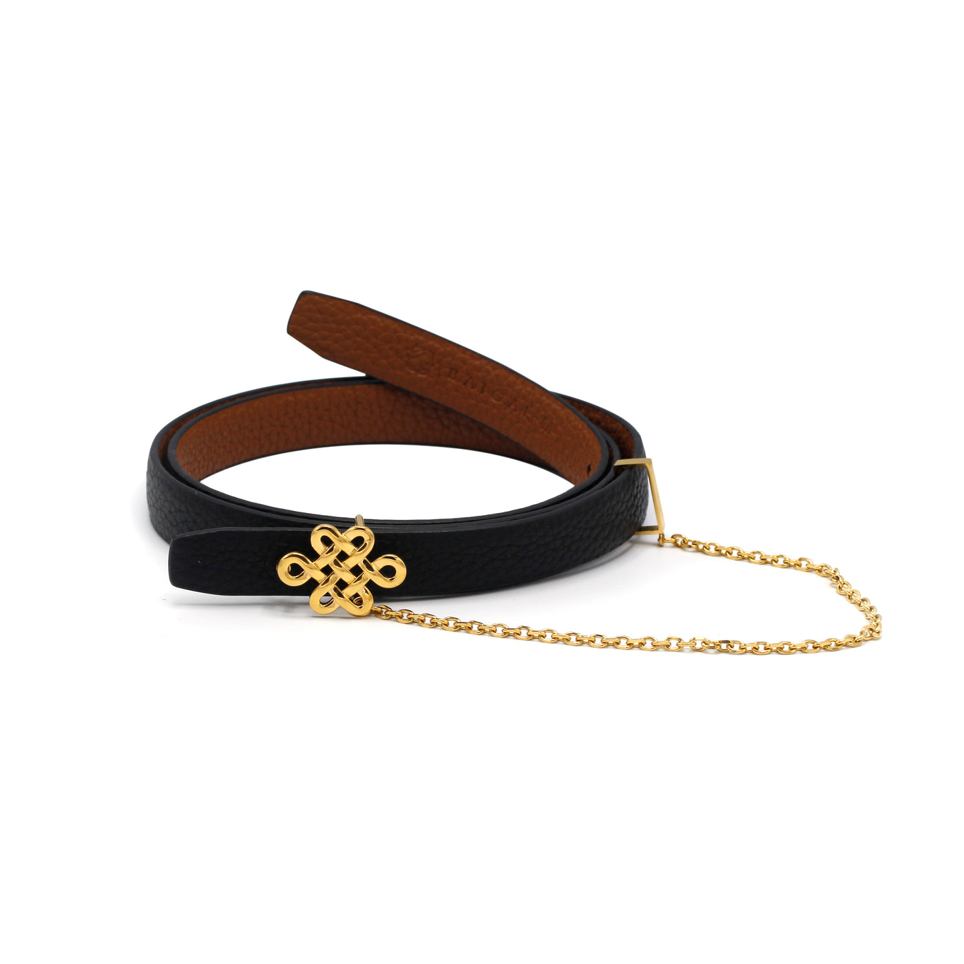 Women’s black leather belt with a gold Ulzii knot buckle and delicate gold-tone chain detail, symbolizing tradition and elegance.
