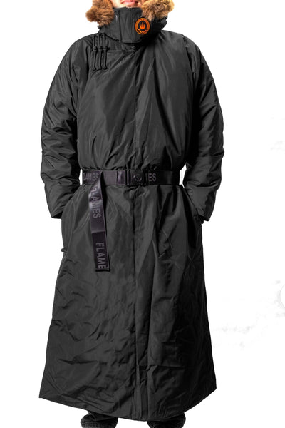 Khadlan winter parka inspired by Mongolian Deel design, featuring windproof fabric, a detachable fur-lined hood, and an adjustable belt.