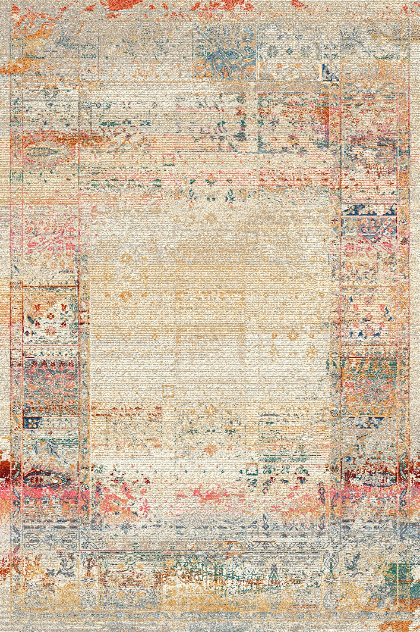 Vintage wool carpet with a distressed patchwork design in soft beige, pastel, and earthy tones, perfect for creating a timeless and cozy atmosphere.