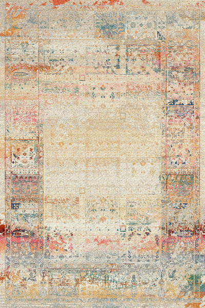 Vintage wool carpet with a distressed patchwork design in soft beige, pastel, and earthy tones, perfect for creating a timeless and cozy atmosphere.