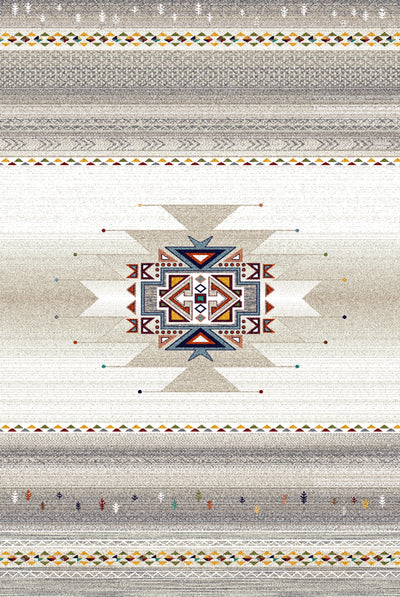 A carpet featuring a central geometric medallion with intricate patterns in shades of blue, red, orange, and beige, set against a gradient background transitioning from light to dark beige with detailed borders.