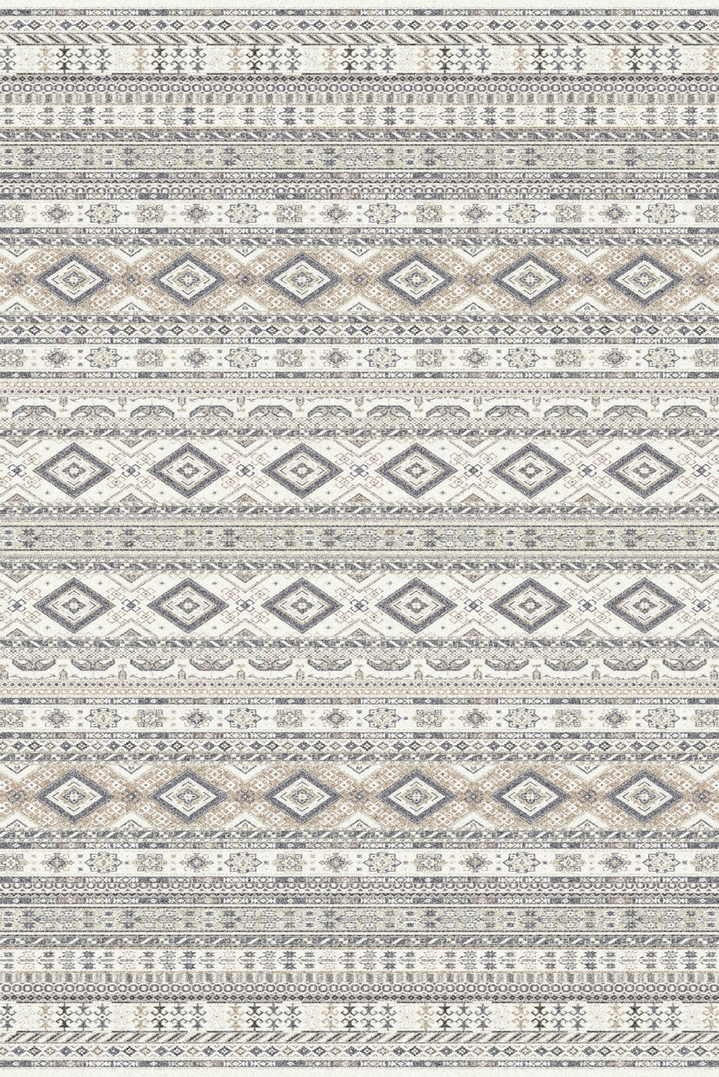 A carpet featuring a detailed geometric pattern in shades of grey, beige, and white, with repeating diamond and linear motifs.