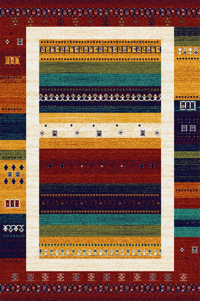 Traditional wool carpet featuring vibrant geometric patterns and tribal motifs in earthy red, yellow, blue, orange, green and white tones, perfect for rustic or bohemian interiors.